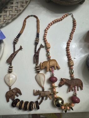 Handcrafted Wooden Animal Pendant Necklaces- Brown Pink Beaded Women’s Jewelry
